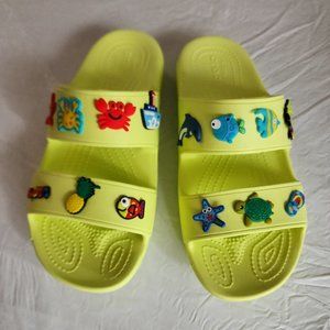 CROCS Size 9 Womens / 7 Mens Lime Green Double Strap Crocs Sandals with Charms